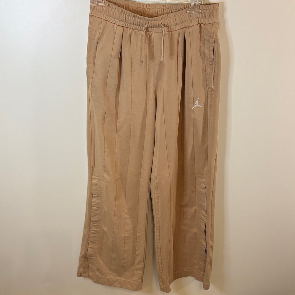 Nike Jordan Tan Track Pants with White Logo, Seamed “Pinstripes” & Side Snaps